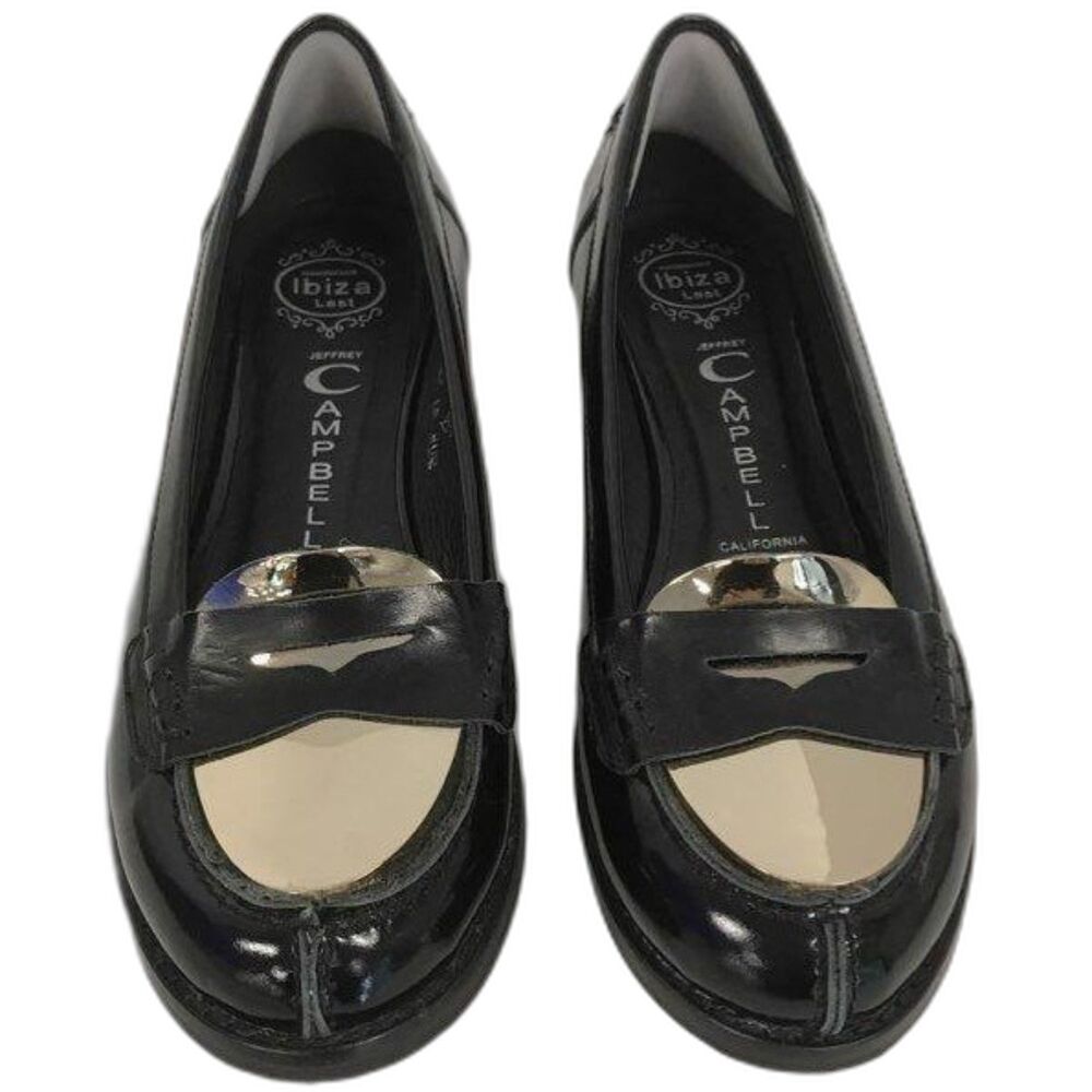 Jeffrey Campbell Ibiza Leather Penny Loafers Black Gold Brass Accents 7
